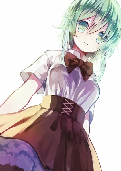 Anime picture 708x1000 with vocaloid gumi nonoharak single tall image looking at viewer short hair simple background smile white background green eyes green hair short sleeves lacing girl skirt shirt bowtie