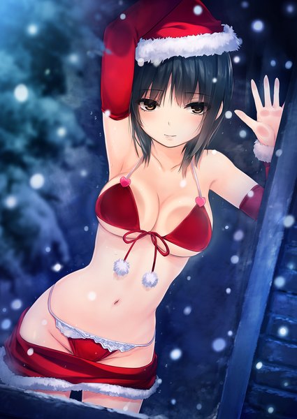 Anime picture 1133x1600 with original aoyama sumika coffee-kizoku single long hair tall image looking at viewer blush breasts light erotic black hair bare shoulders brown eyes cleavage blurry bare belly depth of field fur trim snowing christmas