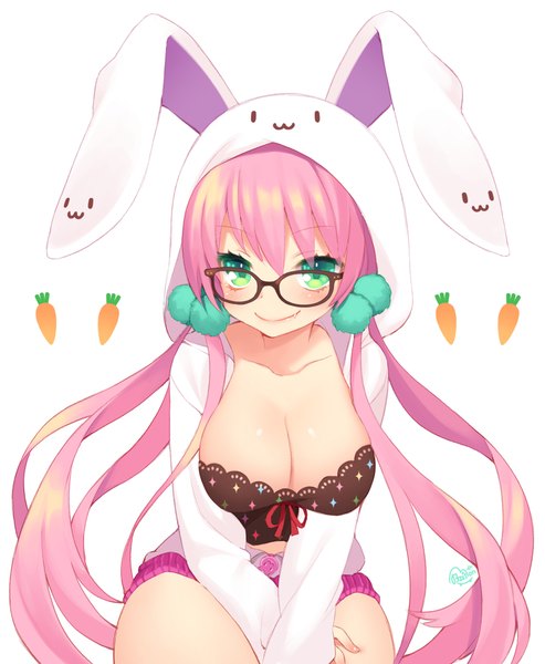Anime picture 1000x1216 with original byulzzimon single long hair tall image looking at viewer blush breasts light erotic large breasts white background green eyes animal ears pink hair bunny ears fake animal ears girl glasses hood