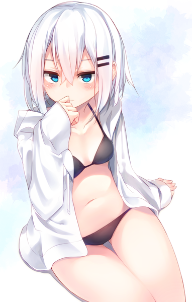 Anime picture 800x1256 with original ringo-chan (otokuyou) otokuyou single tall image looking at viewer blush fringe short hair breasts blue eyes light erotic simple background hair between eyes sitting silver hair arm support open shirt thigh gap sleeves past wrists