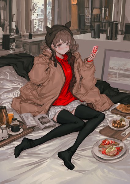 Anime picture 2000x2829 with original lm7 (op-center) single tall image looking at viewer blush fringe highres short hair brown hair sitting holding brown eyes full body bent knee (knees) indoors open clothes no shoes sleeves past wrists yokozuwari