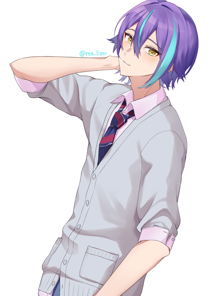 Anime picture 2000x2829 with project sekai kamishiro rui rea liser single tall image looking at viewer fringe highres short hair simple background hair between eyes white background signed purple hair multicolored hair streaked hair twitter username boy uniform school uniform