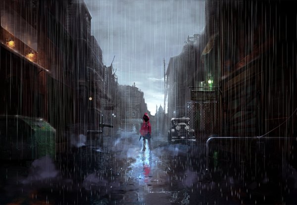 Anime picture 1300x897 with original shjjy 296 standing sky cloud (clouds) city light reflection rain street girl jacket hood building (buildings) ground vehicle knife car puddle