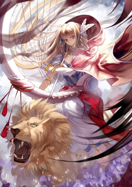 Anime picture 900x1273 with original miyazaki byou single long hair tall image looking at viewer open mouth blonde hair brown eyes teeth fang (fangs) girl dress hair ornament animal cape lion harp