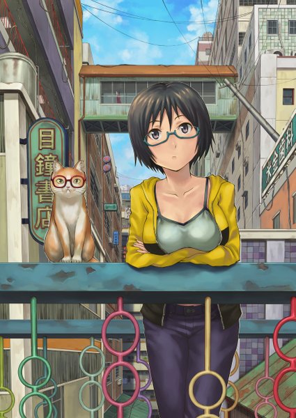 Anime picture 1755x2480 with original hashi tall image highres short hair black hair black eyes city crossed arms girl glasses cat
