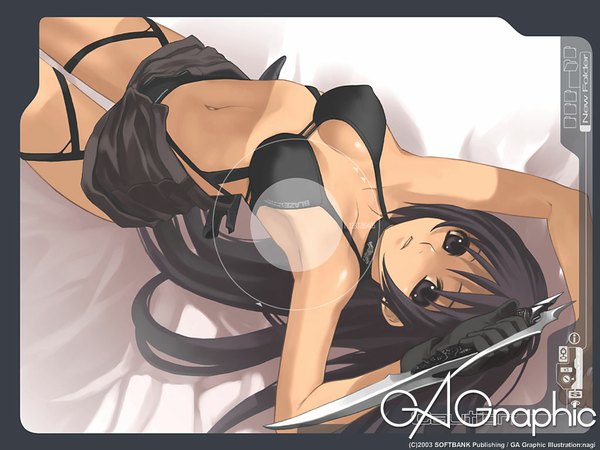 Anime picture 1024x768 with gagraphic long hair looking at viewer light erotic black hair lying black eyes inscription bare belly girl navel weapon dagger
