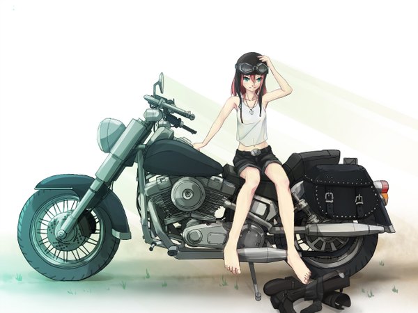 Anime picture 1280x960 with original el (pixiv) single short hair blue eyes sitting pink hair barefoot girl shorts pendant helmet motorcycle motorcycle helmet