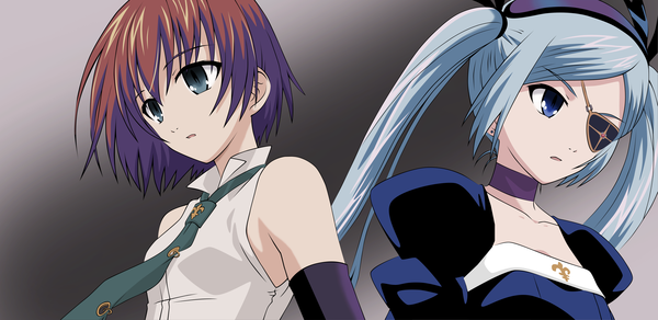 Anime picture 6000x2923 with venus versus virus nahashi lucia highres blue eyes wide image red hair eyepatch takahana sumire
