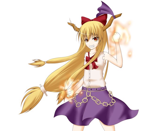Anime picture 1500x1403 with touhou ibuki suika gmot single long hair simple background blonde hair red eyes white background horn (horns) sleeveless grin magic girl bow hair bow chain