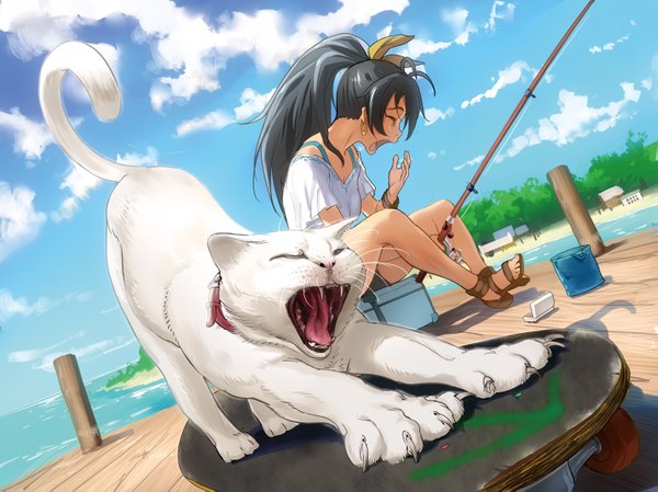 Anime picture 1543x1157 with idolmaster ganaha hibiki andou shuuki long hair open mouth black hair sitting sky cloud (clouds) ponytail eyes closed teeth fang (fangs) girl earrings shorts cat sandals claws