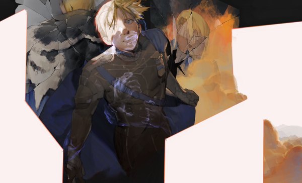 Anime picture 2048x1244 with fire emblem fire emblem: three houses nintendo dimitri alexandre blaiddyd xinee0910 looking at viewer fringe highres short hair blue eyes simple background blonde hair wide image standing from above multiview boy hands