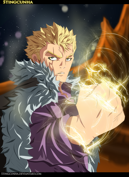 Anime picture 1311x1790 with fairy tail laxus dreyar stingcunha single tall image short hair blue eyes blonde hair night night sky coloring magic scar boy fur fist