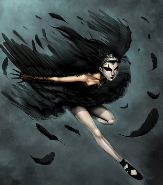 Anime picture 2200x2500 with black swan nina sayers ninjatic single long hair tall image looking at viewer highres black hair simple background bare shoulders black eyes face paint girl dress feather (feathers) claws