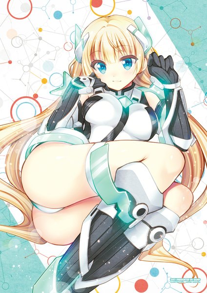 Anime picture 708x1001 with expelled from paradise angela balzac gunp single tall image looking at viewer blush blue eyes light erotic blonde hair twintails bent knee (knees) ass lying very long hair on side girl gloves black gloves boots
