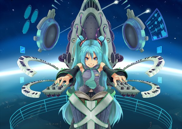 Anime picture 1517x1074 with vocaloid hatsune miku hiiragi tadashi long hair blue eyes twintails green hair aqua hair girl necktie wire (wires) speakers console