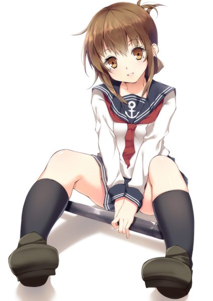 Anime picture 849x1200 with kantai collection inazuma destroyer yappen single tall image looking at viewer short hair open mouth simple background brown hair white background brown eyes full body girl socks black socks sailor suit