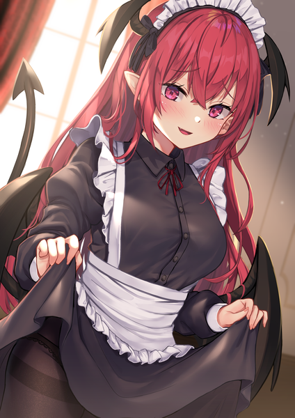 Anime picture 1447x2047 with touhou koakuma wowoguni single long hair tall image blush fringe open mouth light erotic smile hair between eyes red eyes standing looking away red hair indoors tail long sleeves :d