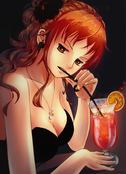 Anime picture 800x1099 with one piece toei animation nami (one piece) marmalade (elfless vanilla) single long hair tall image looking at viewer fringe breasts light erotic simple background sitting bare shoulders holding brown eyes payot cleavage upper body indoors