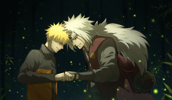 Anime picture 2421x1417 with naruto studio pierrot naruto (series) uzumaki naruto jiraiya nuo bang long hair fringe highres short hair blonde hair smile wide image standing signed looking away upper body white hair long sleeves profile