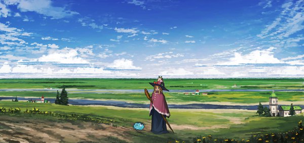 Anime picture 2558x1205 with original jean popo single long hair highres blue eyes blonde hair wide image sky cloud (clouds) full body horizon landscape scenic witch girl hat building (buildings) cape witch hat