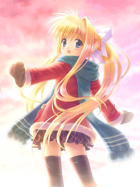 Anime picture 2535x3376 with air key (studio) kamio misuzu goto p single long hair tall image blush highres open mouth blue eyes blonde hair ponytail looking back zettai ryouiki spread arms pink background girl thighhighs black thighhighs