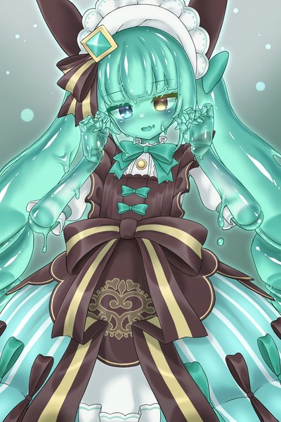 Anime picture 1440x2160 with original curss single long hair tall image fringe open mouth blue eyes twintails yellow eyes blunt bangs green hair maid heterochromia monster girl doll joints slime girl girl dress uniform