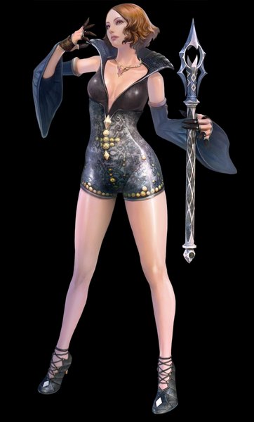 Anime picture 1207x2000 with tera online single tall image short hair brown hair grey eyes black background girl weapon detached sleeves jewelry staff