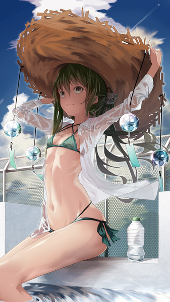Anime picture 1800x3200 with original miya-ki (miya key) single long hair tall image highres light erotic looking away sky cloud (clouds) bent knee (knees) outdoors ponytail green hair open clothes bare belly bare legs shadow grey eyes open shirt