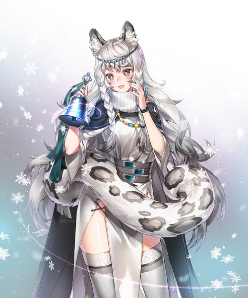 Anime picture 1200x1440 with arknights pramanix (arknights) milcona single long hair tall image blush fringe open mouth simple background smile hair between eyes standing holding signed animal ears looking away silver hair tail braid (braids)