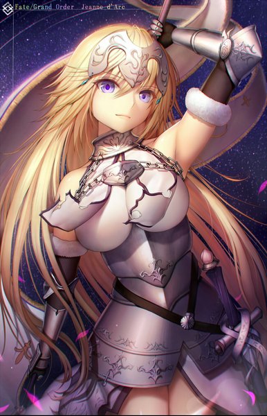 Anime picture 650x1009 with fate (series) fate/apocrypha type-moon jeanne d'arc (fate) (all) jeanne d'arc (fate) hisahisahisahisa single long hair tall image looking at viewer fringe breasts blonde hair smile standing purple eyes bare shoulders holding night leaning