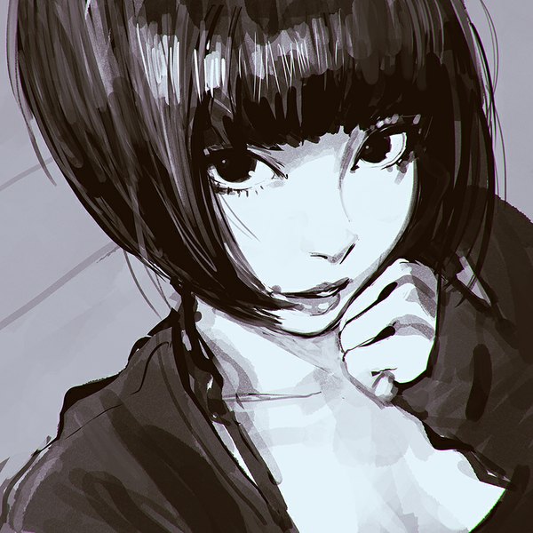 Anime picture 900x900 with original ilya kuvshinov single looking at viewer fringe short hair parted lips open clothes open jacket monochrome portrait close-up face sketch hand on cheek girl jacket fist