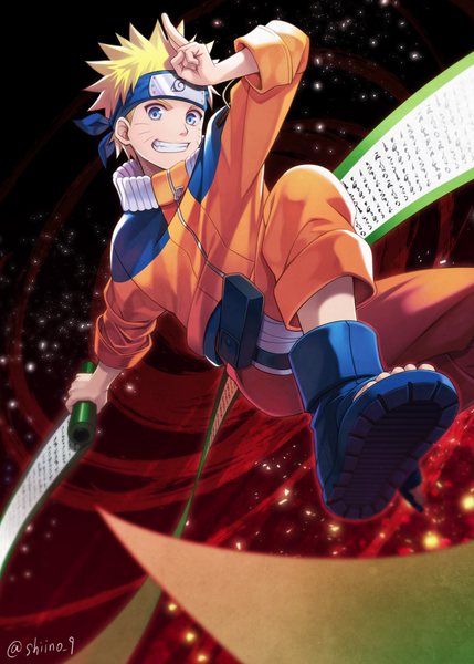 Anime picture 1000x1399 with naruto studio pierrot naruto (series) uzumaki naruto shiino 9 single tall image looking at viewer short hair blue eyes blonde hair smile holding signed bent knee (knees) sparkle twitter username grin facial mark soles