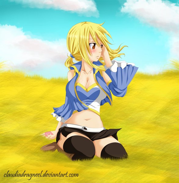 Anime picture 1337x1369 with fairy tail lucy heartfilia claudiadragneel single long hair tall image blush breasts light erotic blonde hair brown eyes sky cloud (clouds) ponytail bare belly midriff tattoo kneeling coloring field