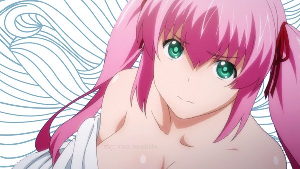 Anime picture 2048x1152 with hagure yuusha no estetica arms corporation ousawa miu zxc mobile single long hair looking at viewer fringe highres breasts light erotic hair between eyes wide image large breasts twintails bare shoulders green eyes signed payot pink hair