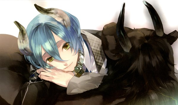 Anime picture 3210x1900 with starry sky homare kanakubo kazuaki highres wide image yellow eyes blue hair absurdres horn (horns) boy animal bull