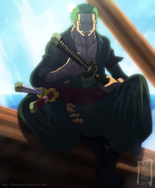 Anime picture 1000x1218 with one piece toei animation roronoa zoro themnaxs single tall image short hair sky cloud (clouds) japanese clothes green hair black eyes sunlight grin coloring scar boy weapon sword kimono