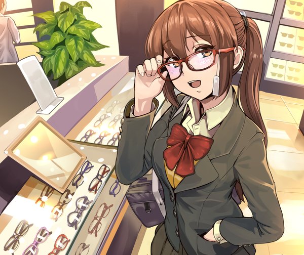 Anime picture 3969x3338 with original yewang20 long hair looking at viewer fringe highres open mouth smile brown hair brown eyes absurdres ponytail indoors long sleeves pleated skirt from above teeth :o solo focus hand in pocket