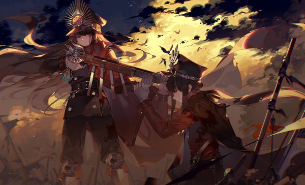 Anime-Bild 1120x681 mit fate (series) fate/grand order koha-ace oda nobunaga (fate) (all) oda nobunaga (fate) oda nobukatsu (fate) kawacy long hair fringe black hair red eyes brown hair wide image holding sky cloud (clouds) outdoors eyes closed profile floating hair