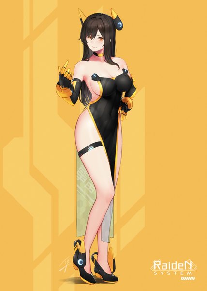 Anime picture 1042x1461 with original raiden (hayabusa) hayabusa single long hair tall image looking at viewer blush fringe breasts light erotic black hair simple background smile large breasts standing bare shoulders signed yellow eyes payot