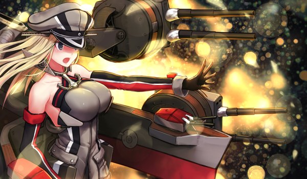 Anime picture 1848x1080 with kantai collection bismarck battleship yilan single long hair highres breasts open mouth blue eyes light erotic blonde hair wide image large breasts looking away outstretched arm girl gloves weapon detached sleeves black gloves