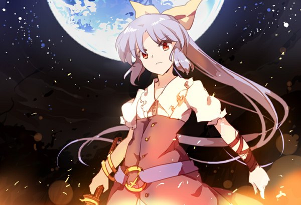 Anime picture 965x660 with touhou watatsuki no yorihime yetworldview kaze single long hair looking at viewer fringe red eyes purple hair ponytail wind night from below girl bow hair bow bracelet moon full moon