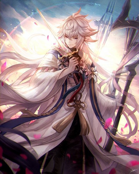 Anime picture 960x1200 with fate (series) fate/grand order merlin (fate) tenyo0819 single tall image fringe smile hair between eyes purple eyes holding silver hair very long hair boy weapon petals sword tassel staff