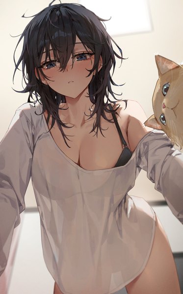 Anime picture 2000x3216 with original yokoyama ishimi kellymonica02 single long hair tall image looking at viewer fringe highres breasts blue eyes light erotic black hair hair between eyes large breasts indoors off shoulder on all fours messy hair girl