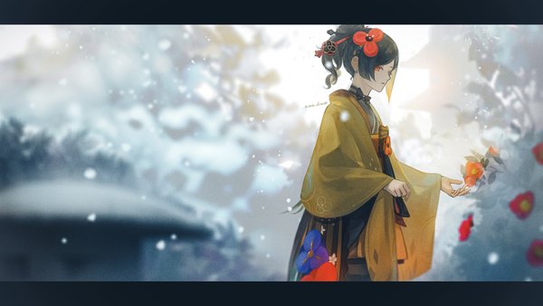 Anime picture 5600x3150 with genshin impact chiori (genshin impact) anna (drw01) single highres short hair black hair red eyes wide image absurdres ponytail traditional clothes japanese clothes profile snowing letterboxed winter girl hair ornament flower (flowers)