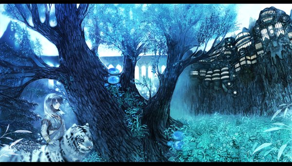 Anime picture 2000x1143 with original maki takaya highres short hair blue eyes wide image sky multicolored hair city girl plant (plants) tree (trees) bracelet building (buildings) beads bridge mushroom (mushrooms) tiger