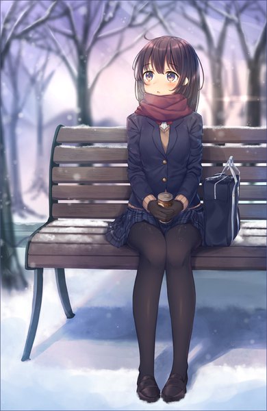 Anime picture 650x1000 with original kawami nami single long hair tall image blush fringe brown hair sitting holding brown eyes payot looking away full body ahoge outdoors long sleeves parted lips pleated skirt blurry