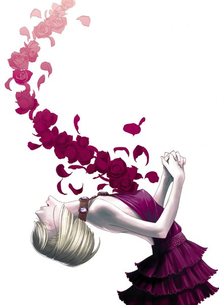 Anime picture 721x1000 with red garden kate ashley ayamura kirihito single tall image short hair open mouth blonde hair white background eyes closed praying girl dress flower (flowers) petals choker frills rose (roses)