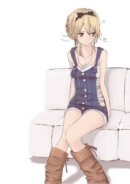 Anime picture 1254x1771 with original rutchifu single long hair tall image fringe simple background blonde hair sitting looking away shadow grey eyes hands behind back polka dot girl ribbon (ribbons) hair ribbon headphones knee boots couch