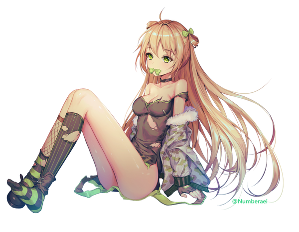 Anime picture 1000x775 with girls frontline rfb (girls frontline) no.aei single long hair blush fringe breasts light erotic simple background hair between eyes brown hair white background sitting bare shoulders holding green eyes signed payot cleavage