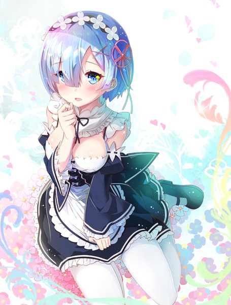 Anime picture 1517x2000 with re:zero kara hajimeru isekai seikatsu white fox rem (re:zero) sho (runatic moon) single tall image blush fringe short hair breasts open mouth blue eyes light erotic hair between eyes large breasts sitting blue hair looking away from above maid